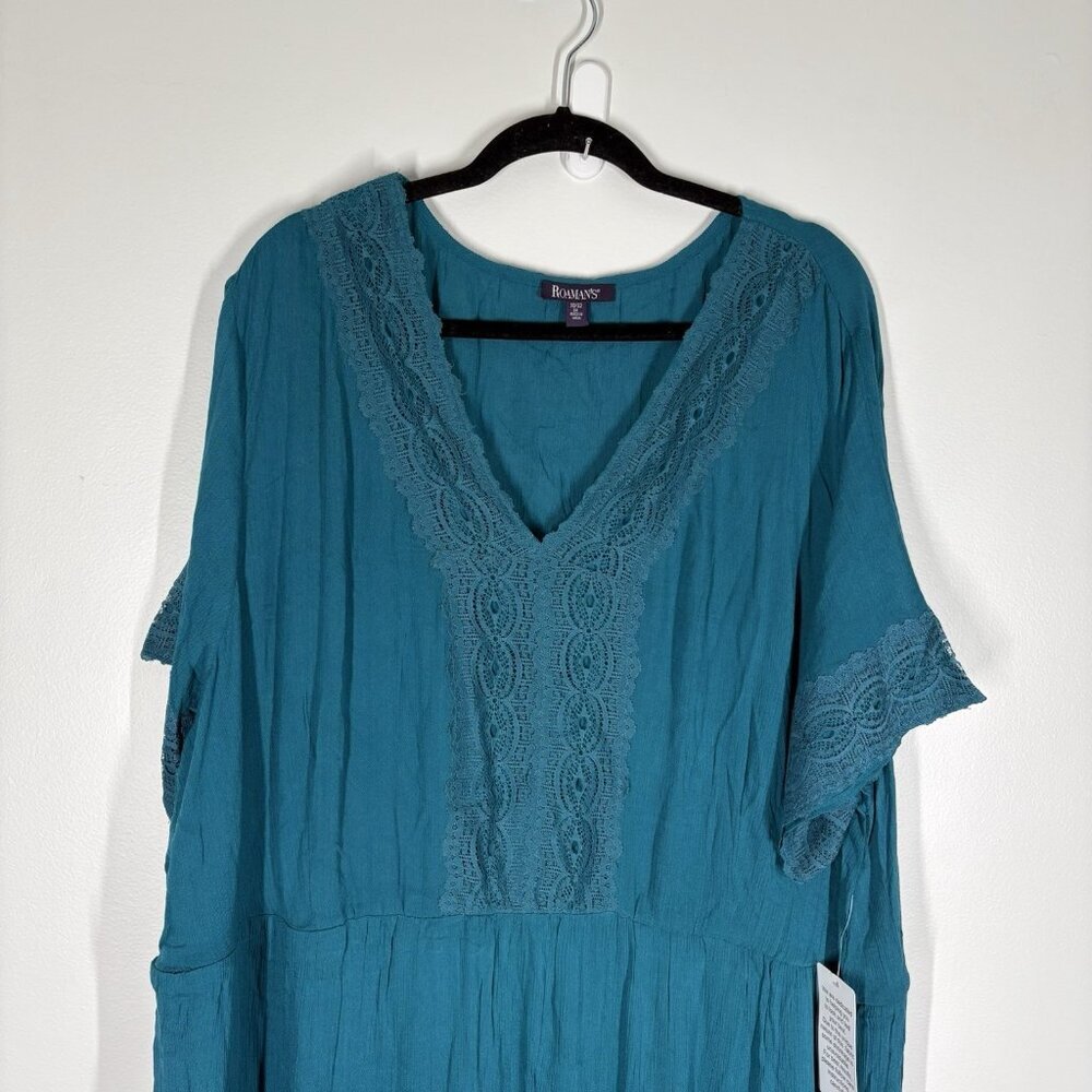 Roaman’s Women 3X 30/32 Teal Boho Ruffle Tiered Lace Crinkle Maxi Dress NWT - Picture 5 of 12